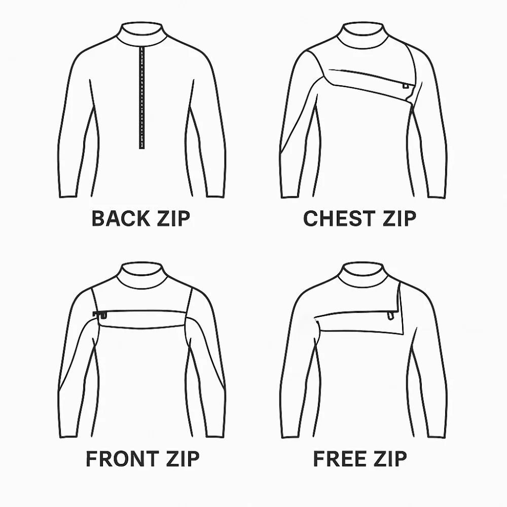 Muta wakeboard: chiusura back zip, chest zip, front zip e free zip
